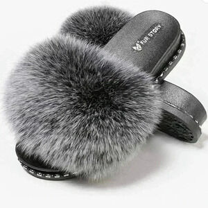 Fur Story Women's Slide Sandal, EU size 41.5, Black Silver